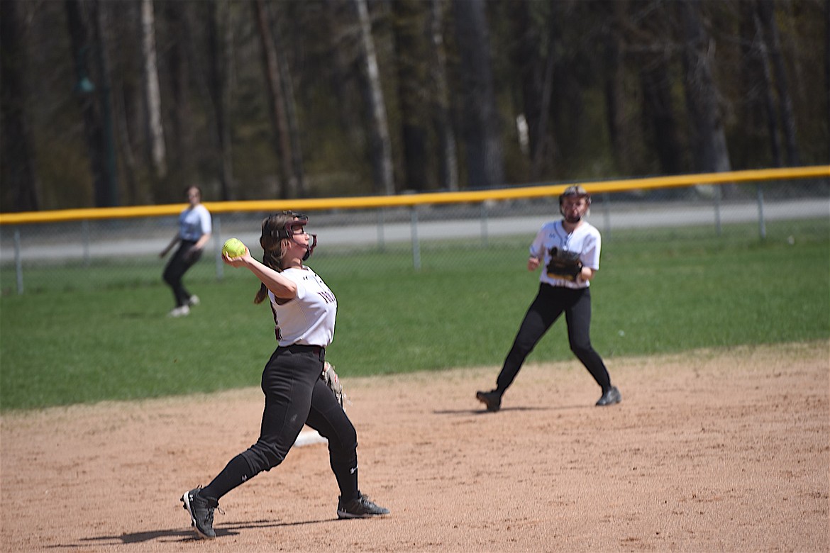 Troy shortstop Leslie Gravier throws to first base against Eureka on Saturday, April 29. (Scott Shindledecker/The Western News)