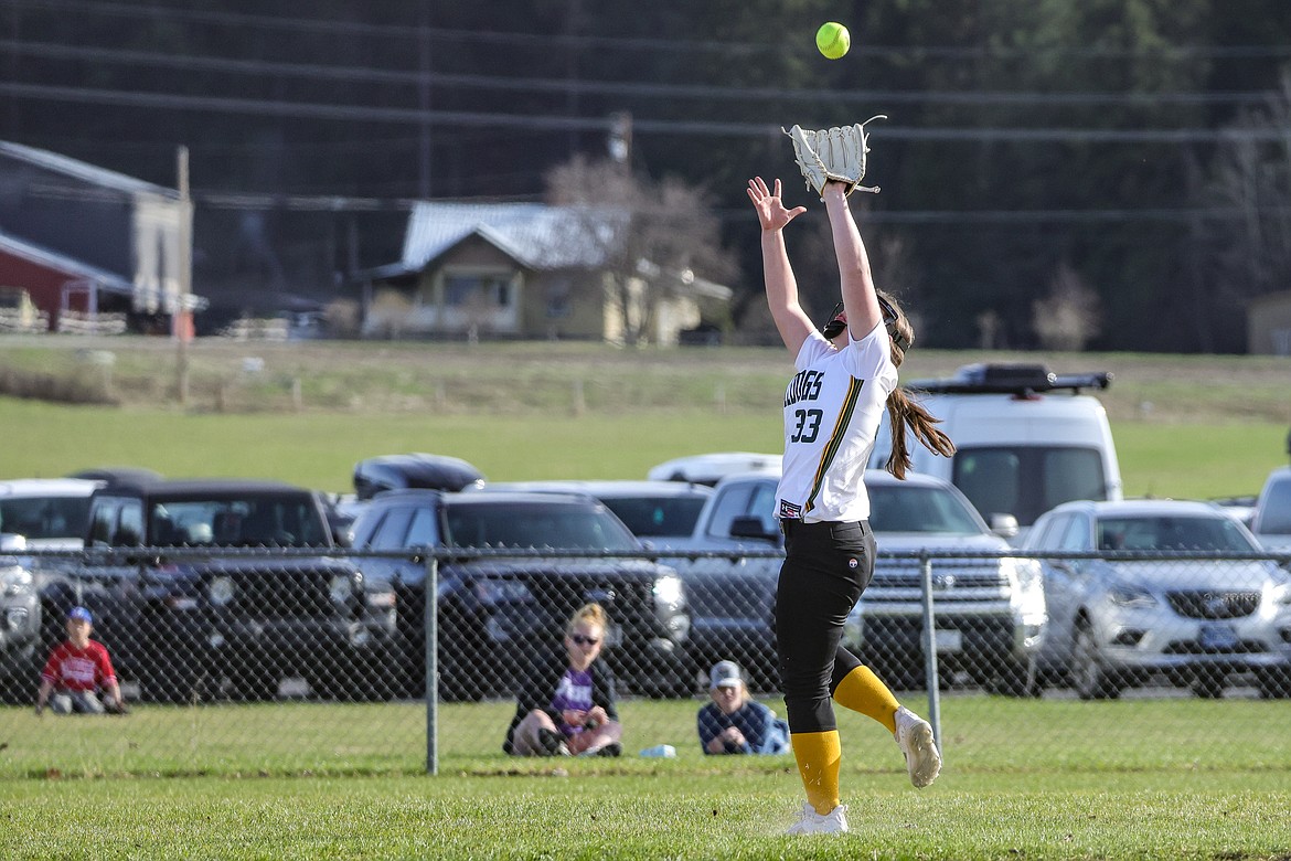 Whitefish sophomore Avarie Mackenzie catches a ball to the outfield against the Wildkats at home on Thursday. (JP Edge photo)