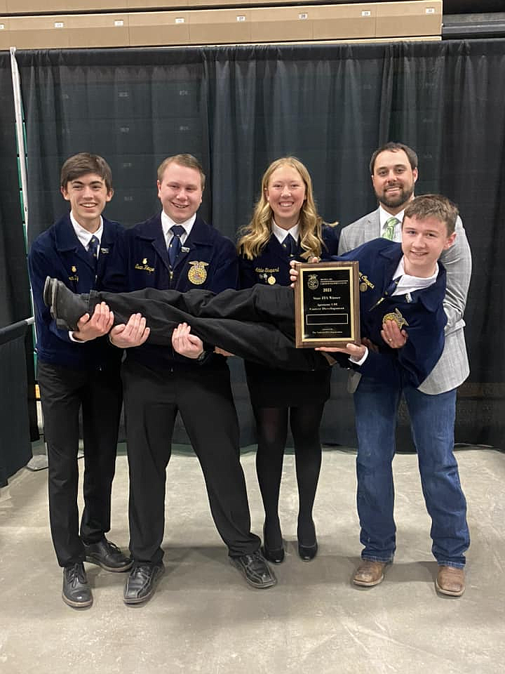 Kalispell FFA took the state title in agronomy and will compete at nationals in the fall. Pictures left to right is Ethan Bay, Evan Heupel, Addie Shepard, team coach  Tucker Hankinson and front, Aaron Connors.