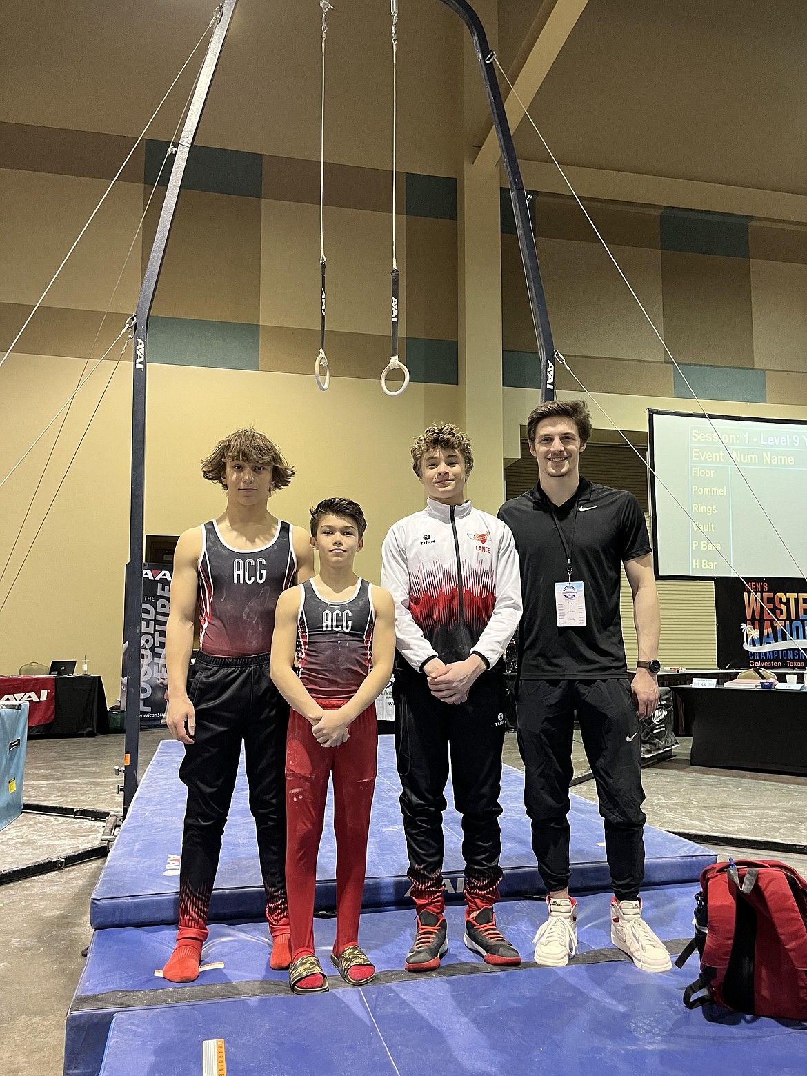 Courtesy photo
Avant Coeur Gymnastics Level 9s at Western National Championships in Galveston, Texas. From left: Conan Tapia, Dylan Coulson, Lance Mosher and coach Matt Auerbach.