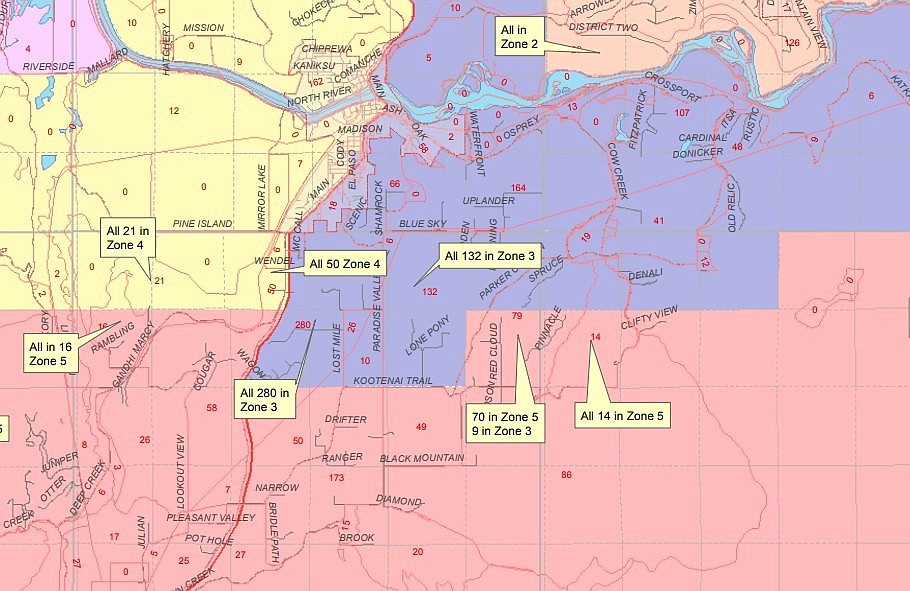 Library zone map. (light pink bottom of page) Zone 5 candidates William “Lee” Colson and Mary-Esther Wilson, (purple) Zone 3 candidates Aaron Bohachek and Lewis Clark.