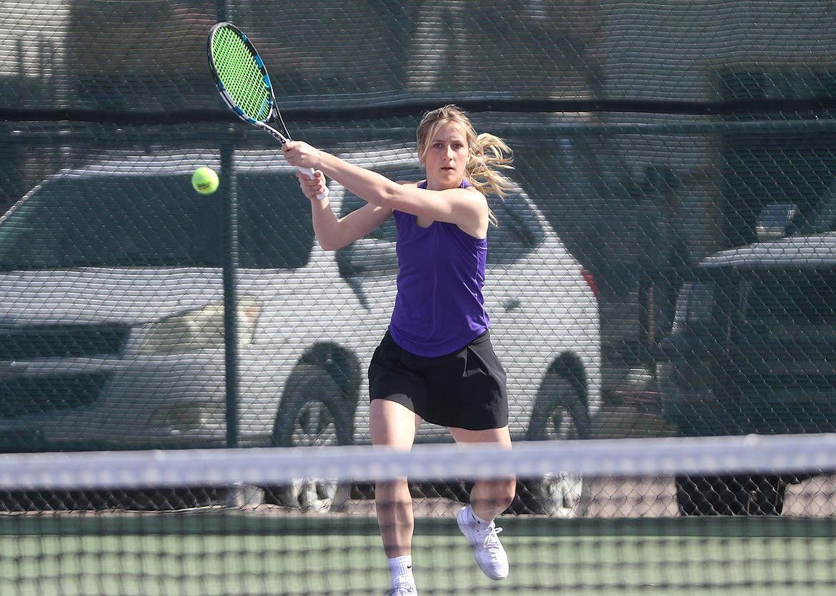 Polson senior Tia Mercer teamed up with Julia Barnard for a winning doubles match against Columbia Falls last Thursday. (Bob Gunderson photo)