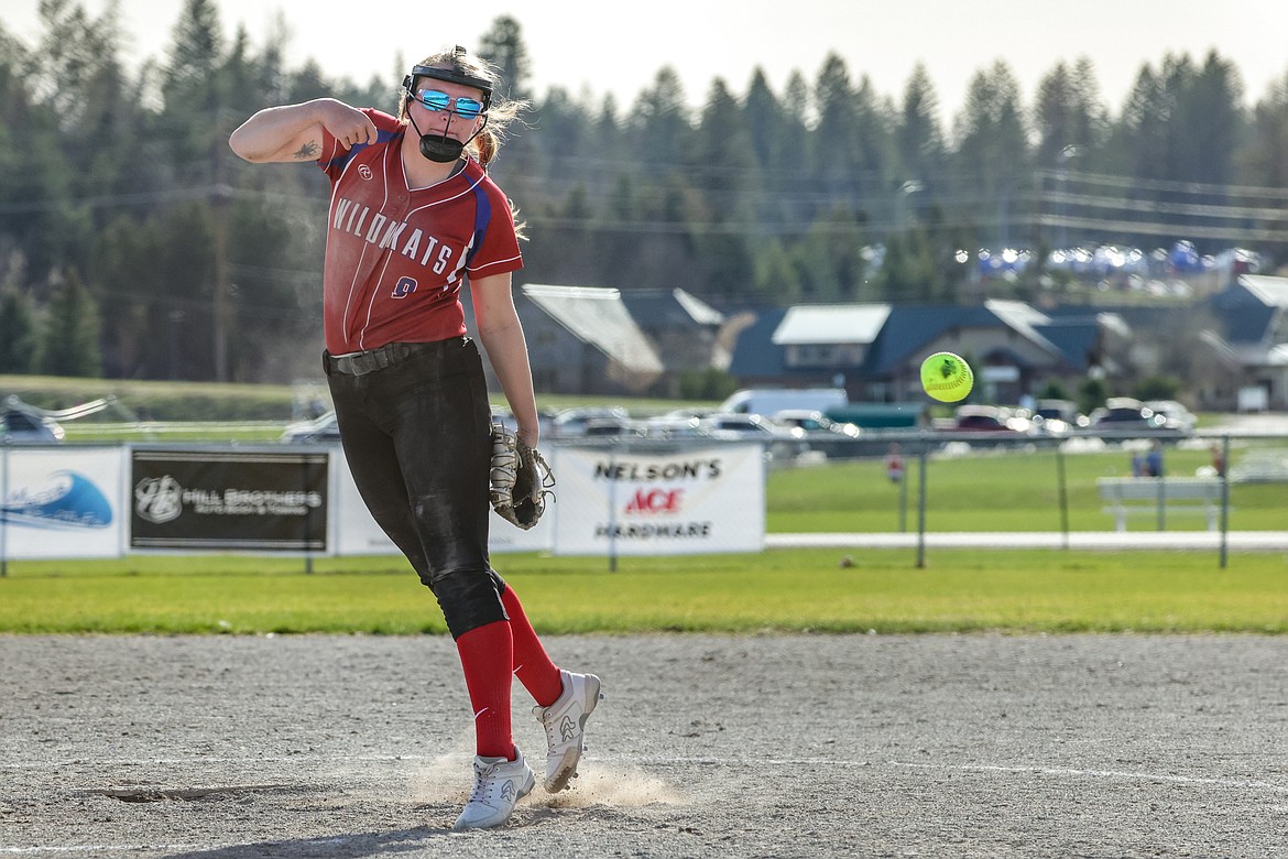 Junior Maddie Moultray pitches for the Kats against the Bulldogs in Whitefish on Thursday. (JP Edge photo)