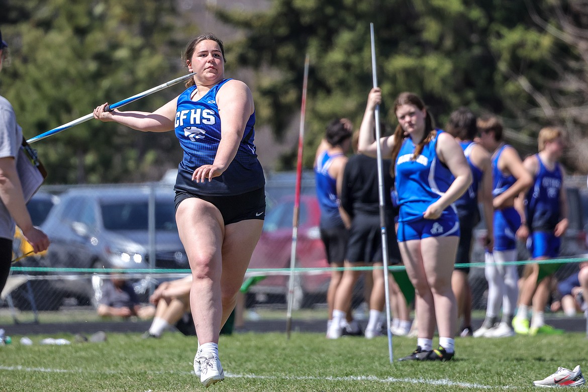Ellie Stutsman throws a javelin in the Whitefish A.R.M. meet on Saturday. (JP Edge photo)