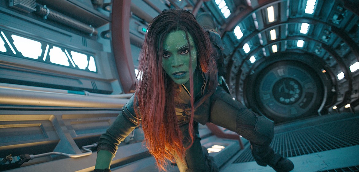 This image released by Marvel Studios shows Zoe Saldana as Gamora in a scene from "Guardians of the Galaxy Vol. 3."