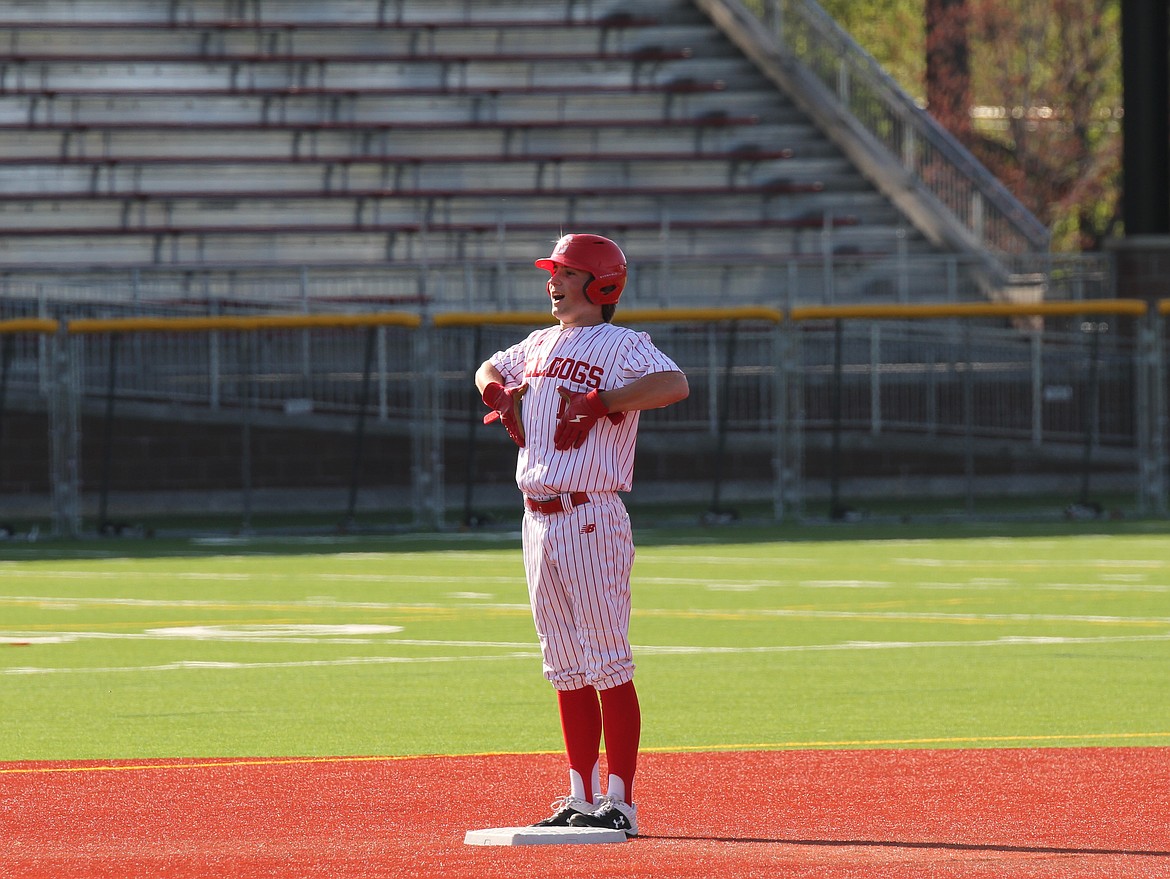 Senior Zach Leverich celebrates after hitting RBI double in Game 2 against Moscow.