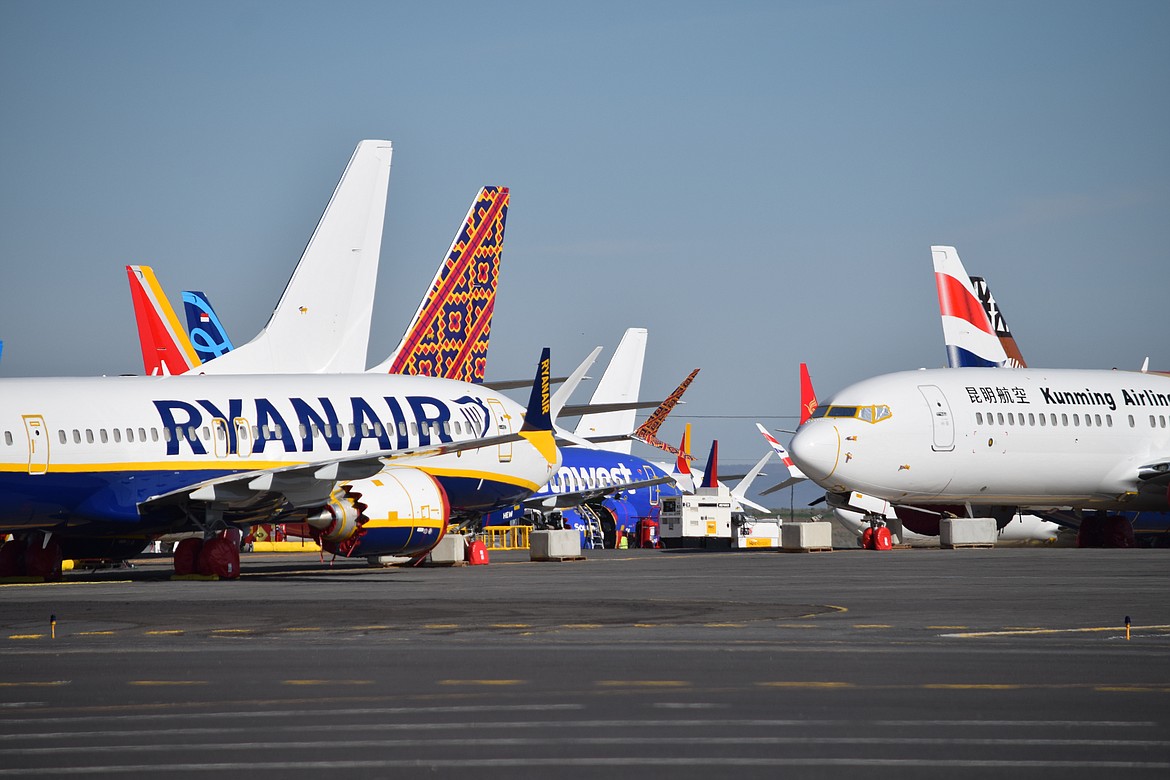 A group of 737 MAX aircraft parked on the ramp at the Grant County International Airport in June 2020, a little over a year after the aircraft were first grounded.