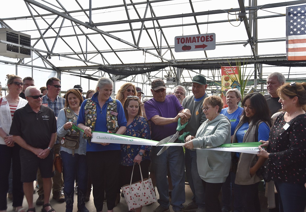 Bob Hooper and Phil Aitken cut the ceremonial ribbon at Hooper’s Garden Center on Friday, May 5 with representatives from Evergreen, Kalispell and Whitefish chambers of commerce. Aitken has taken over ownership of the garden center from Bob and Cheri Hooper. (Heidi Desch/Daily Inter Lake)