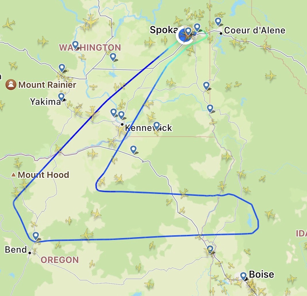 A screenshot of the rough flight path from Fairchild Air Force Base April 26.