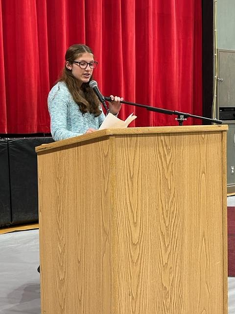 Evergreen eighth-grader Mikayla Gallery addresses the Evergreen School District board. (Courtesy photo)