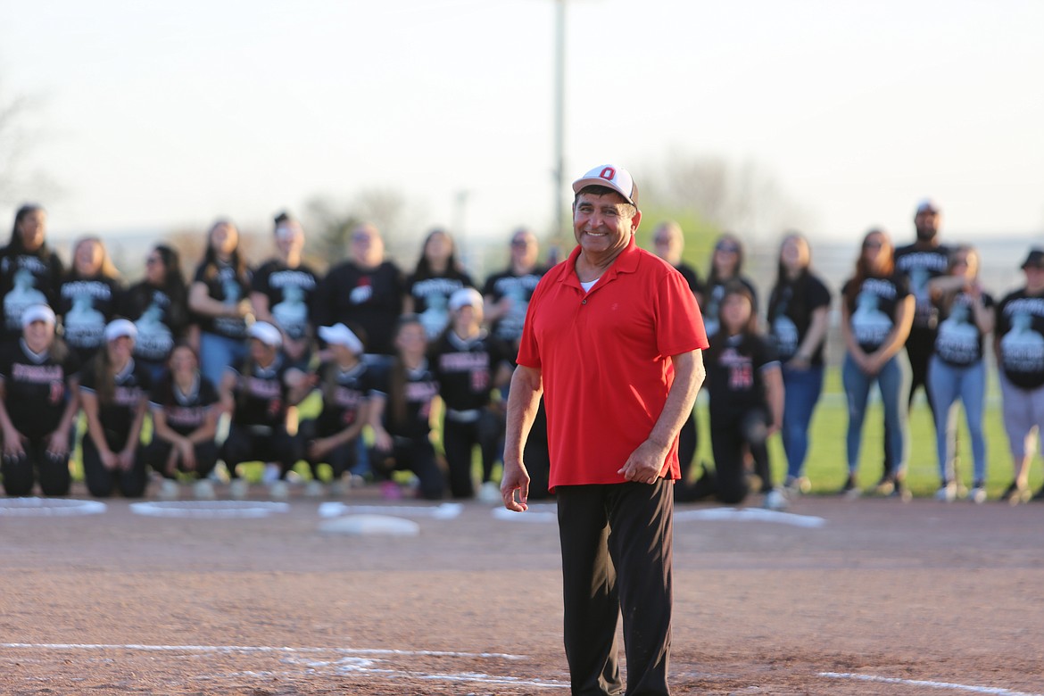 Longtime Othello softball coach Rudy Ochoa was honored last week at the Huskies’ final regular season home game of the 2023 season. Ochoa is retiring at the end of this season after a 27-year career.