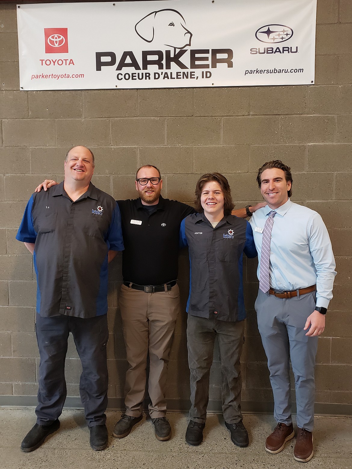 From left, KTEC instructor TJ Robertson, Parker Toyota's Stephen Rounkler, KTEC student Ashton Phay and Parker Toyota's Coty Cummings attend KTEC signing day Thursday to congratulate Ashton Phay for a two-year commitment Parker made to pay his tuition in exchange for two years of employment.