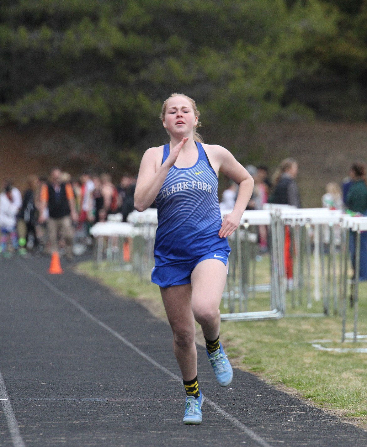 Rachel Weymouth of Clark Fork competes at the Priest River Invitational earlier this season. Weymouth finished in seventh place in the 100-meter dash with a new personal record of 15.98 seconds at the North Star League Meet.