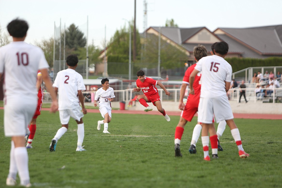 Othello junior Jesus Bonilla takes a shot on the Grandview net in the second half against the Greyhounds on Wednesday.