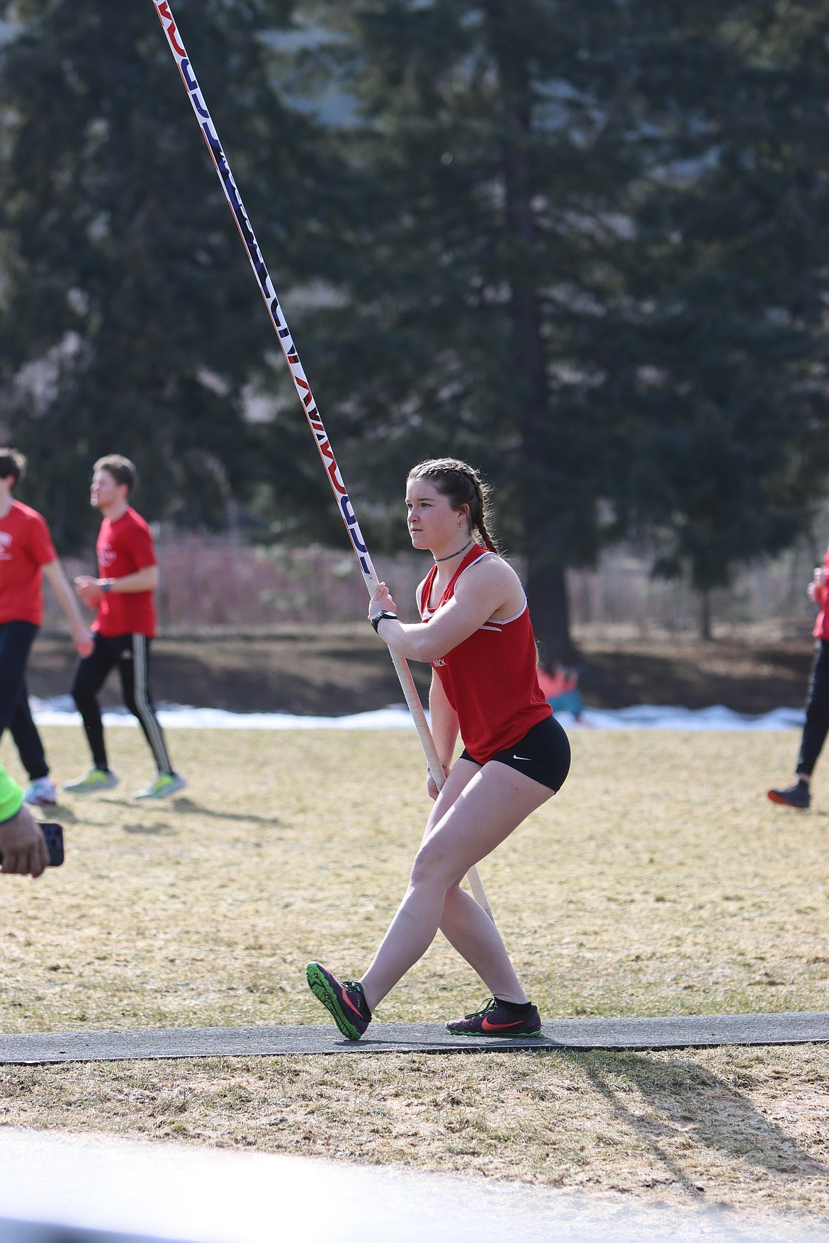 Devin McDaniel gets ready for a pole vault attempt at a meet earlier this season. McDaniel and her teammate Erika Edmundson placed second with a vault of 10-0 this Thursday.