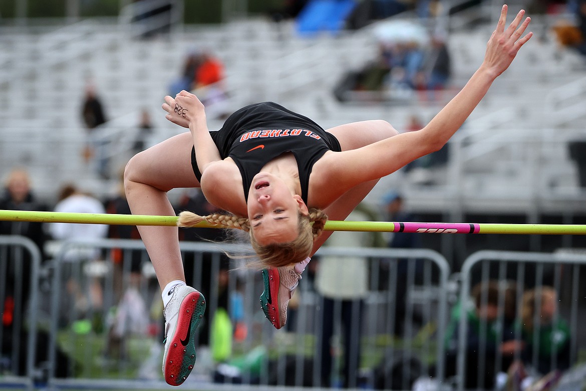 Flathead’s Kennedy Moore cleared 5 feet, 2 inches to win the high jump at the 44th Archie Roe Invitational at Legends Stadium on Saturday, May 5. (Jeremy Weber/Daily Inter Lake)