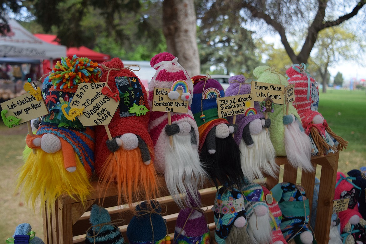 A few of Sarah Nitta’s hand-knitted adorable gnomes for sale at the Moses Lake Farmers Market on Saturday.