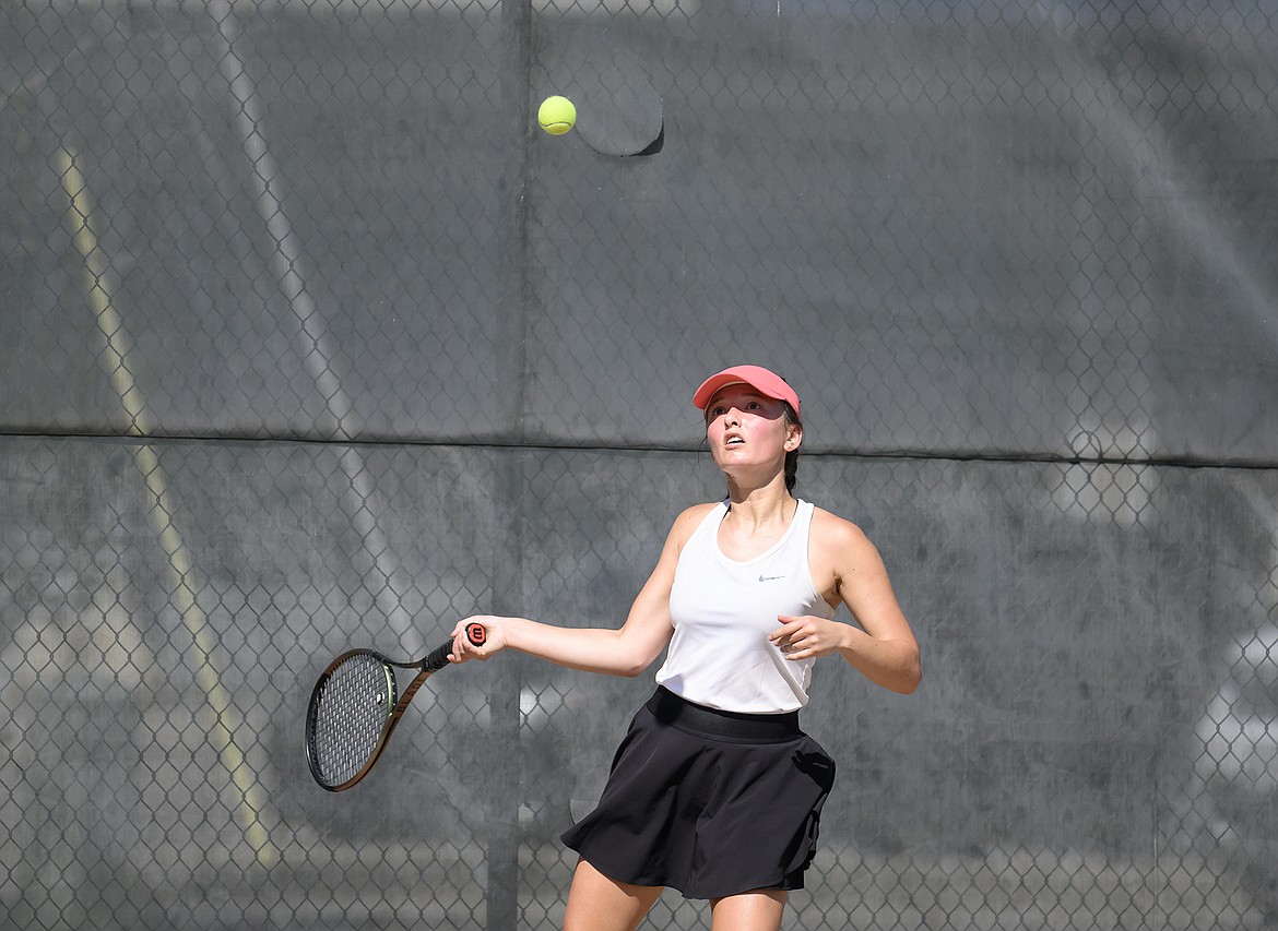 Whitefish's Alivia Lusko plays against Columbia Falls' Cloey Ramage in a No. 1 singles match on Tuesday, May 2 in Whitefish. (Chris Peterson photo)