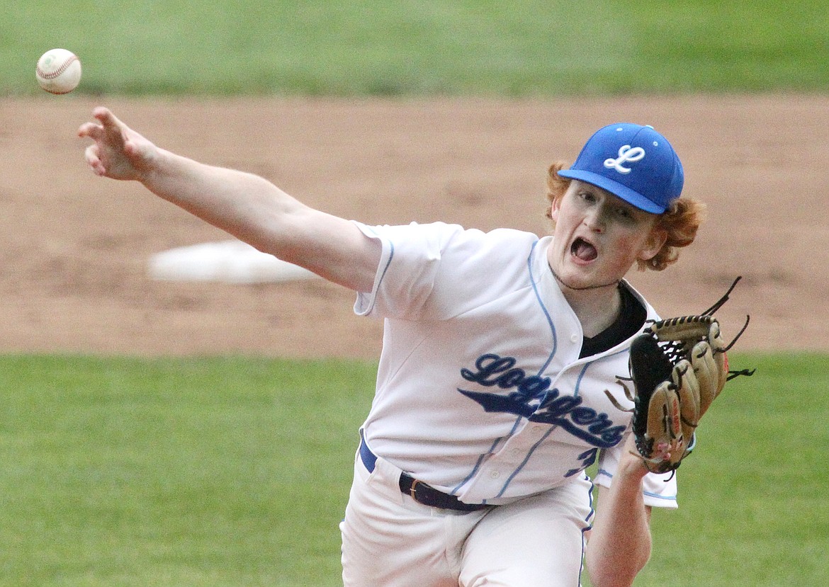 Libby Logger starting pitcher Caleb Moeller delivers a pitch to Missoula Impact's Orion Plakke in the top of first inning Friday at the Loggertown Wood Bat Classic 2023. (Paul Sievers/The Western News)