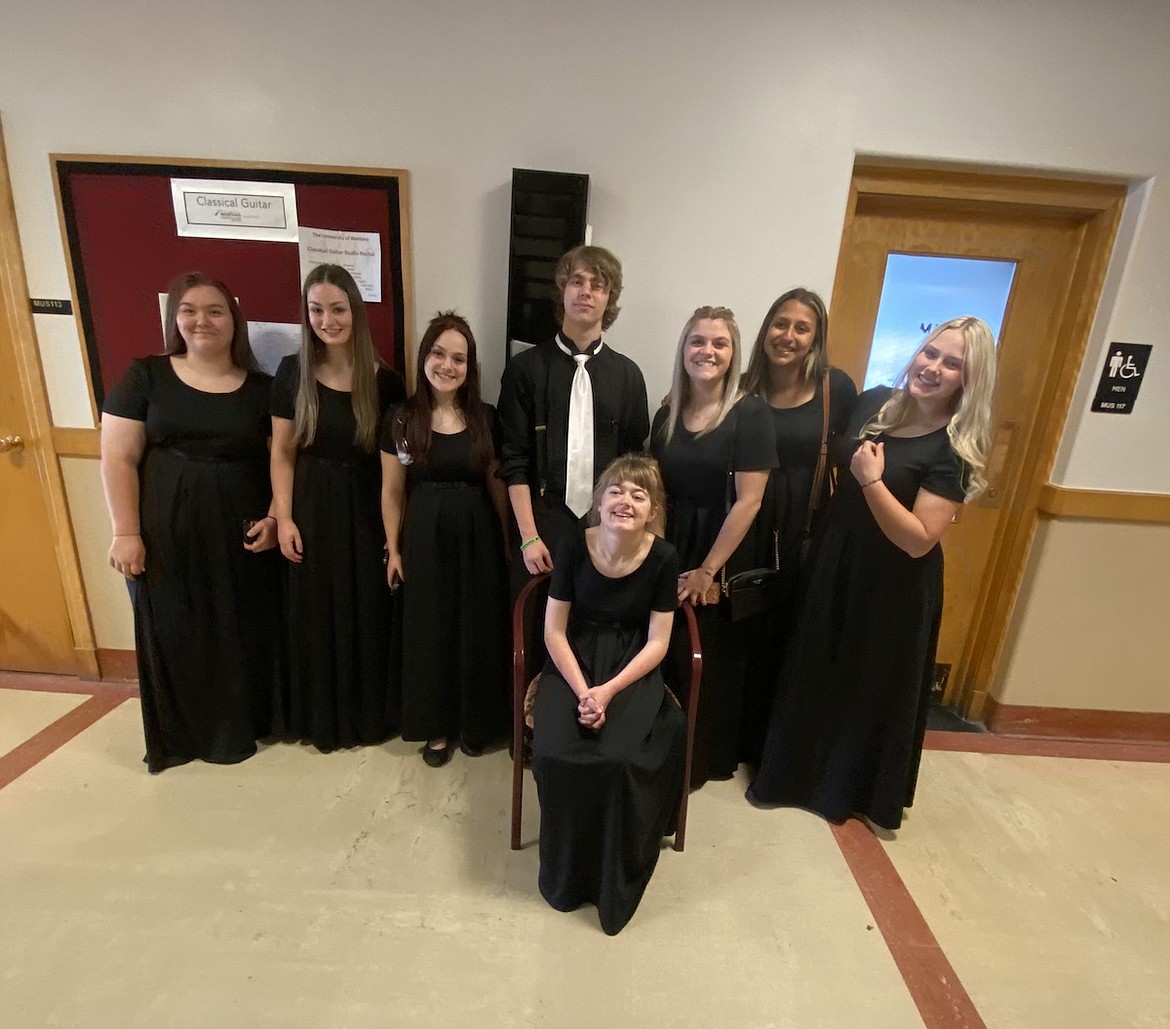 Several Libby High School students participated and received superior scores in the state music festival in Missoula on May 5, including band member Dayton Johnson and choir members Elaina Covington, Faith Erickson, Kenna Haddock, Livia Haddock, Keyera Haischer, Hayden Jones, Lylla Pape, Rachael Smith and Audry Stull. Pictured in the back row, from left, are Lylla Pape, Kenna Haddock, Livia Haddock, Hayden Jones, Rachael Smith, Elaina Covington, Keyera Haischer. Faith Erickson is seated in front. (Photo courtesy Libby High School)