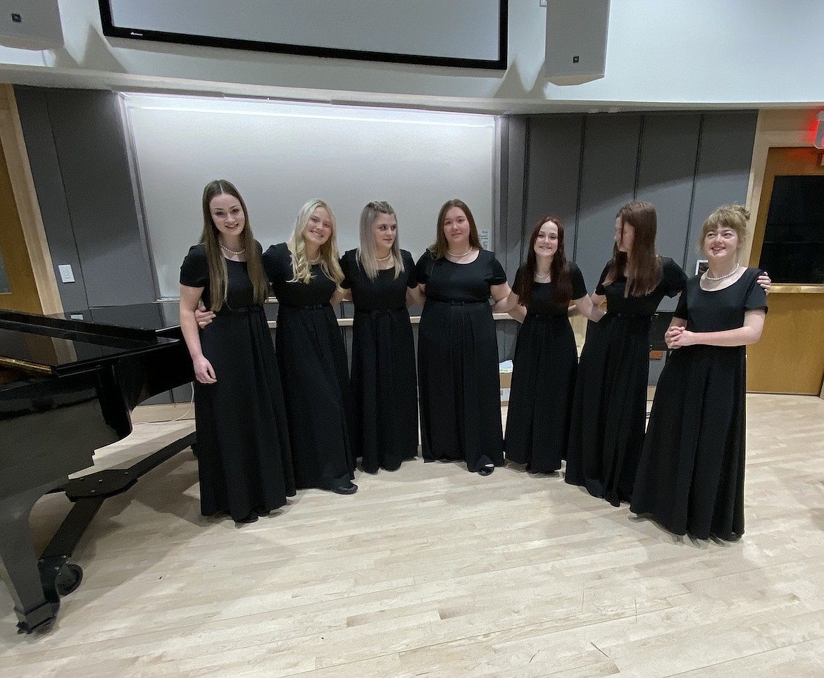 Several Libby High School students participated in the state music festival in Missoula on May 5. One ensemble received a perfect score. They are pictured, from left, Kenna Haddock, Keyera Haischer, Rachael Smith, Lylla Pape, Livia Haddock, Aubry Stull and Faith Erickson. (Photo courtesy Libby High School)