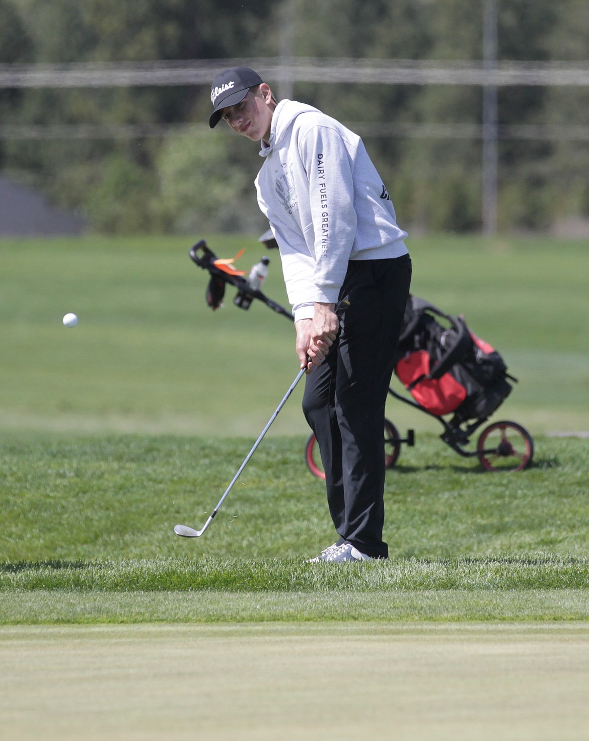 MARK NELKE/Press
Stephen Paul of Kellogg chips on the 15th hole at The Links Golf Club in Post Falls on Monday during the 2A District 1-2 golf tournament.