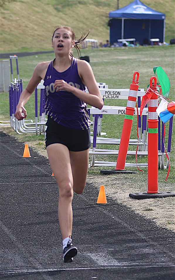 Polson's Ashtyn Wagner was first in the 800-meter run during last Friday's meet in Polson. (Bob Gunderson photo)