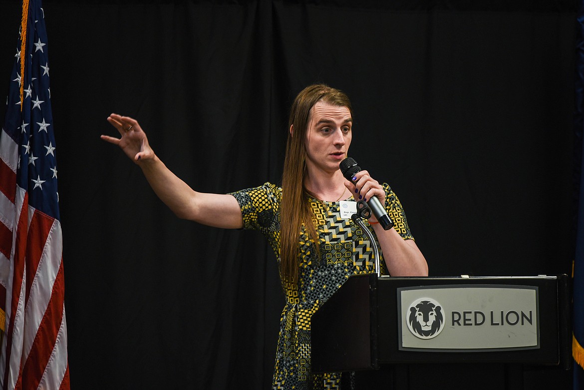 Rep. Zooey Zephyr, a Democrat from Missoula, speaks during an event for the Flathead Democrats. Zephyr, the first openly transgender woman in the Montana legislature, was barred from the House floor during the 2023 Legislative session, making national news. (Kate Heston/Daily Inter Lake)