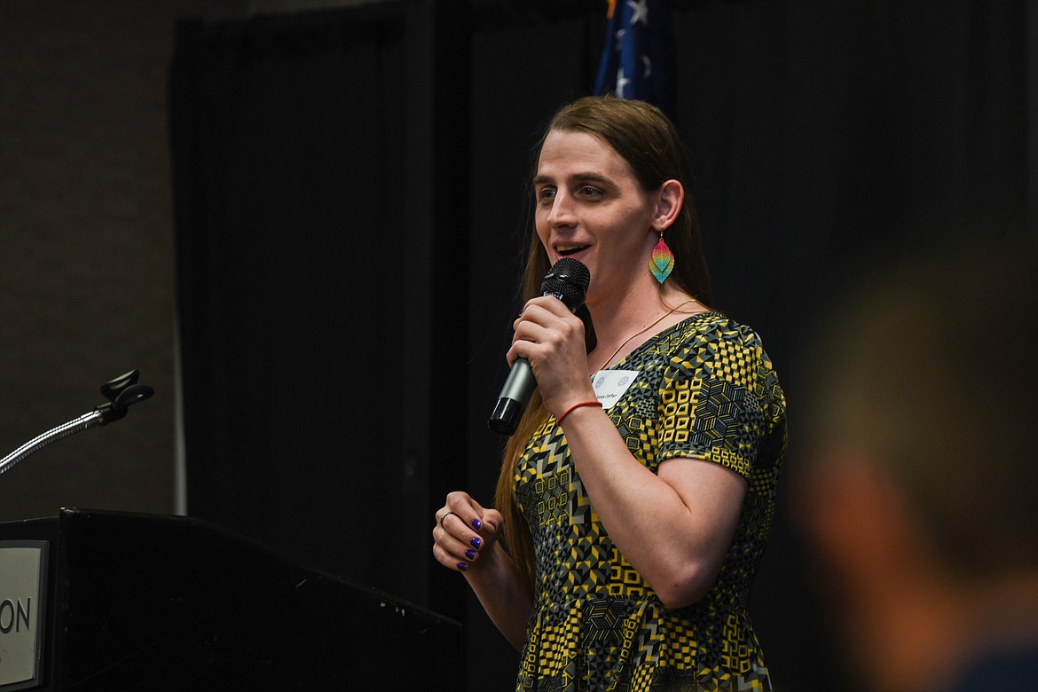 Rep. Zooey Zephyr, a Democrat from Missoula, speaks during an event for the Flathead Democrats. Zephyr, the first openly transgender woman in the Montana legislature, was barred from the House floor during the 2023 Legislative session, making national news. (Kate Heston/Daily Inter Lake)