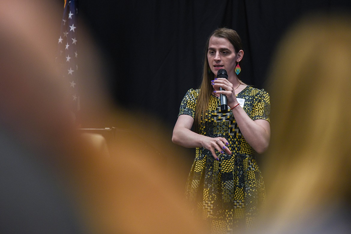 Rep. Zooey Zephyr, a Democrat from Missoula, speaks during an event for the Flathead Democrats. Zephyr, the first openly transgender woman in the Montana legislature, was barred from the House floor during the 2023 Legislative session, making national news. (Kate Heston/Daily Inter Lake)