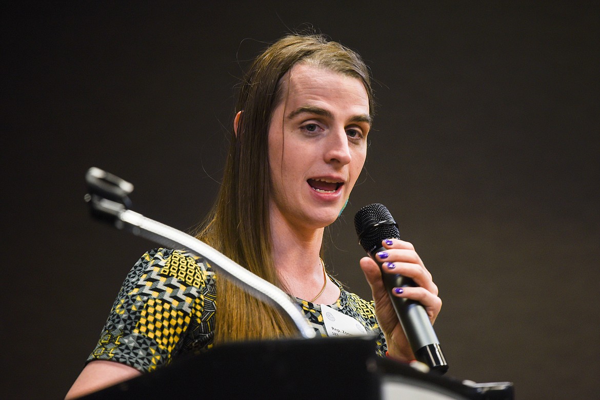 Rep. Zooey Zephyr, a Democrat from Missoula, speaks during an event for the Flathead Democrats. Zephyr, the first openly transgender woman in the Montana legislature, was barred from the House floor during the 2023 Legislative session, making national news. (Kate Heston/Daily Inter Lake)