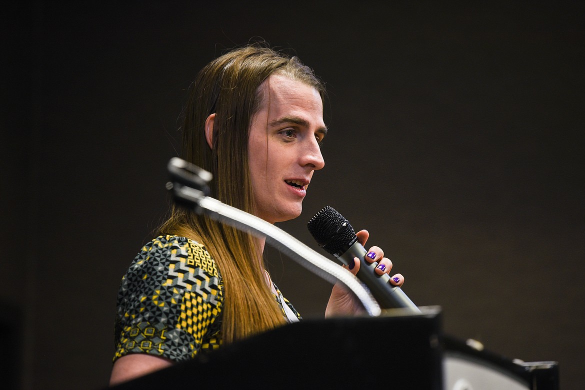 Rep. Zooey Zephyr, a Democrat from Missoula, speaks during an event for the Flathead Democrats. Zephyr, the first openly transgender woman in the Montana legislature, was barred from the House floor during the 2023 Legislative session, making national news. (Kate Heston/Daily Inter Lake)