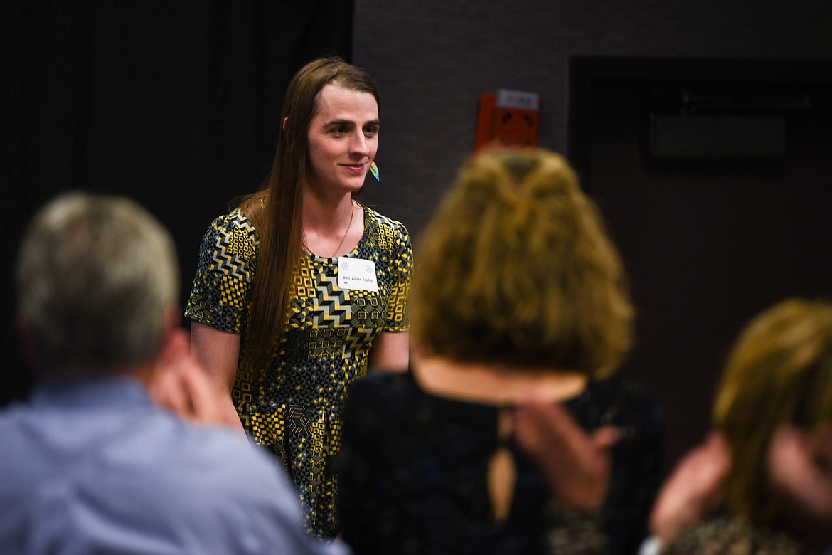 Rep. Zooey Zephyr, a Democrat from Missoula, speaks during an event for the Flathead Democrats. Zephyr, the first openly transgender woman in the Montana legislature, was barred from the House floor during the 2023 Legislative session, making national news. (Kate Heston/Daily Inter Lake)