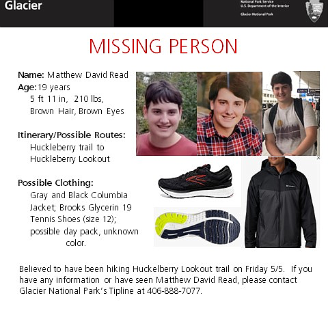 A flyer for 19-year-old Matthew David Read, who was reported missing on May 7. Rescue crews found him alive on May 8 and he is in stable condition. (photo provided)