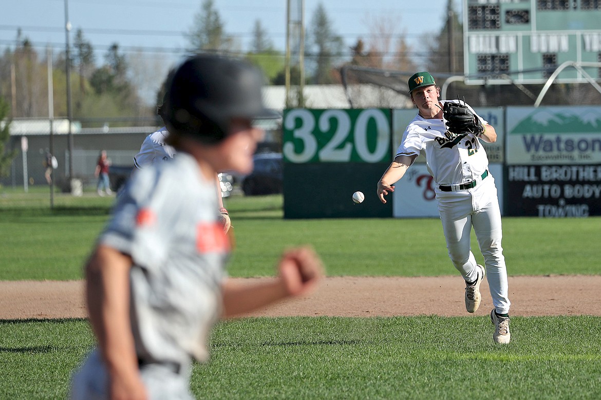 Whitefish senior Ty Schwaiger makes a throw to first base in a game against Eureka on Tuesday, May 2 at Memorial Field. (Greg Nelson photo/Artwestimage.net)