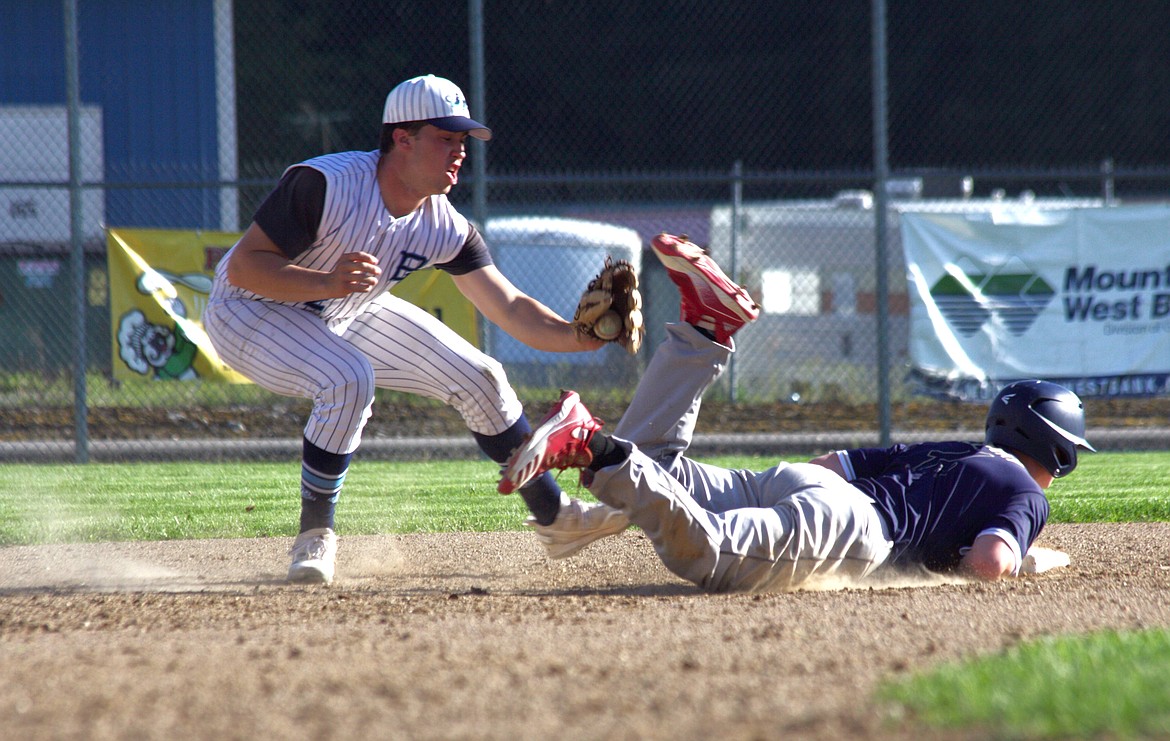 Blake Rice attempts to get Timberlake batter out at second base.