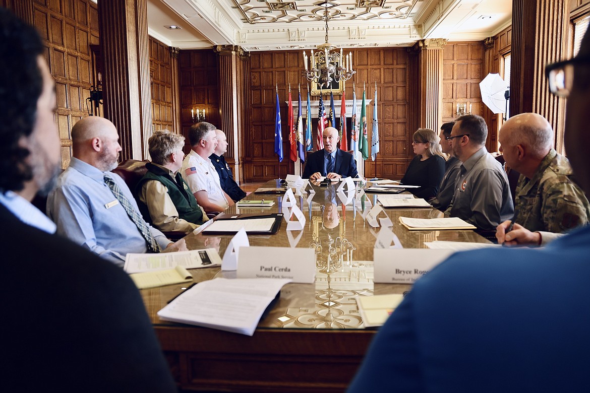 Governor Greg Gianforte speaks during the 2023 fire season briefing in Helena on May 9, 2023. (Photo courtesy of Gianforte's office)