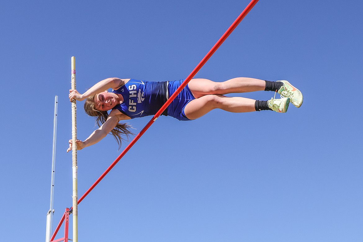 Emma McAllister won the pole vault with a 10-6 jump at the Cat-Dog meet on Tuesday. (JP Edge photo)