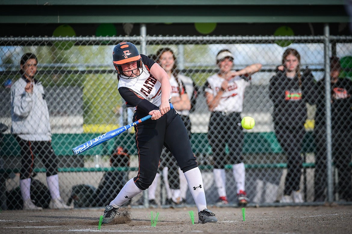 Flathead senior Ellie Eve (9) connects on a pitch in the fifth inning against Missoula Hellgate at Kidsports on Thursday, May 11. (Casey Kreider/Daily Inter Lake)