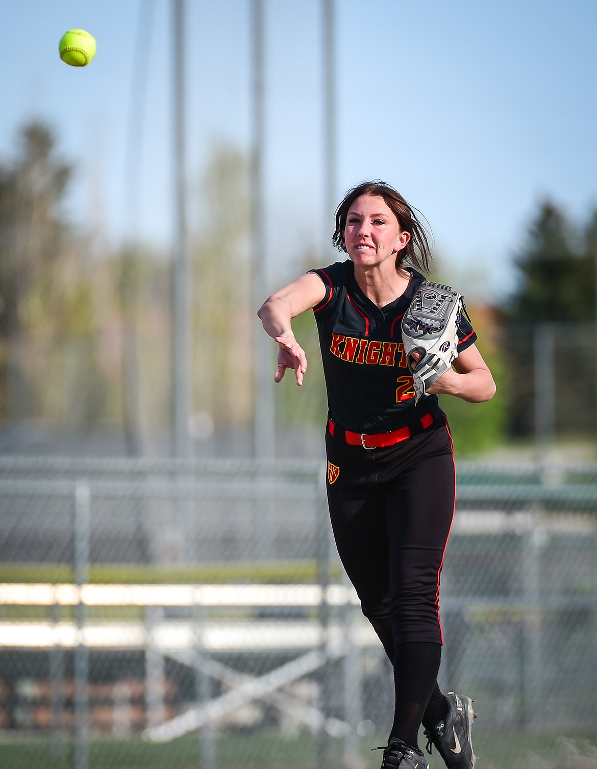 Missoula Hellgate shortstop Keira Babbitt (2) fires across the diamond for an out against Flathead at Kidsports on Thursday, May 11. (Casey Kreider/Daily Inter Lake)