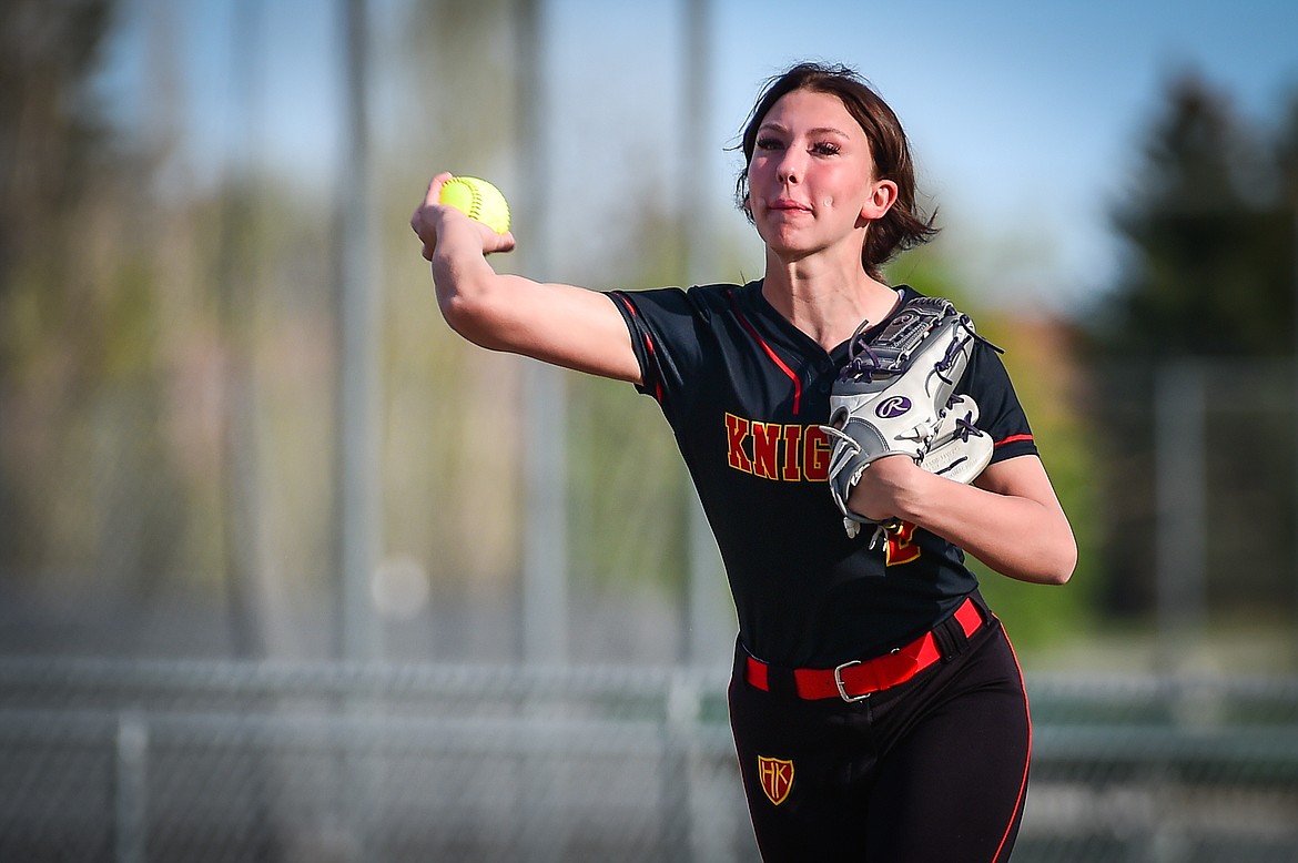 Missoula Hellgate shortstop Keira Babbitt (2) fires across the diamond for an out against Flathead at Kidsports on Thursday, May 11. (Casey Kreider/Daily Inter Lake)