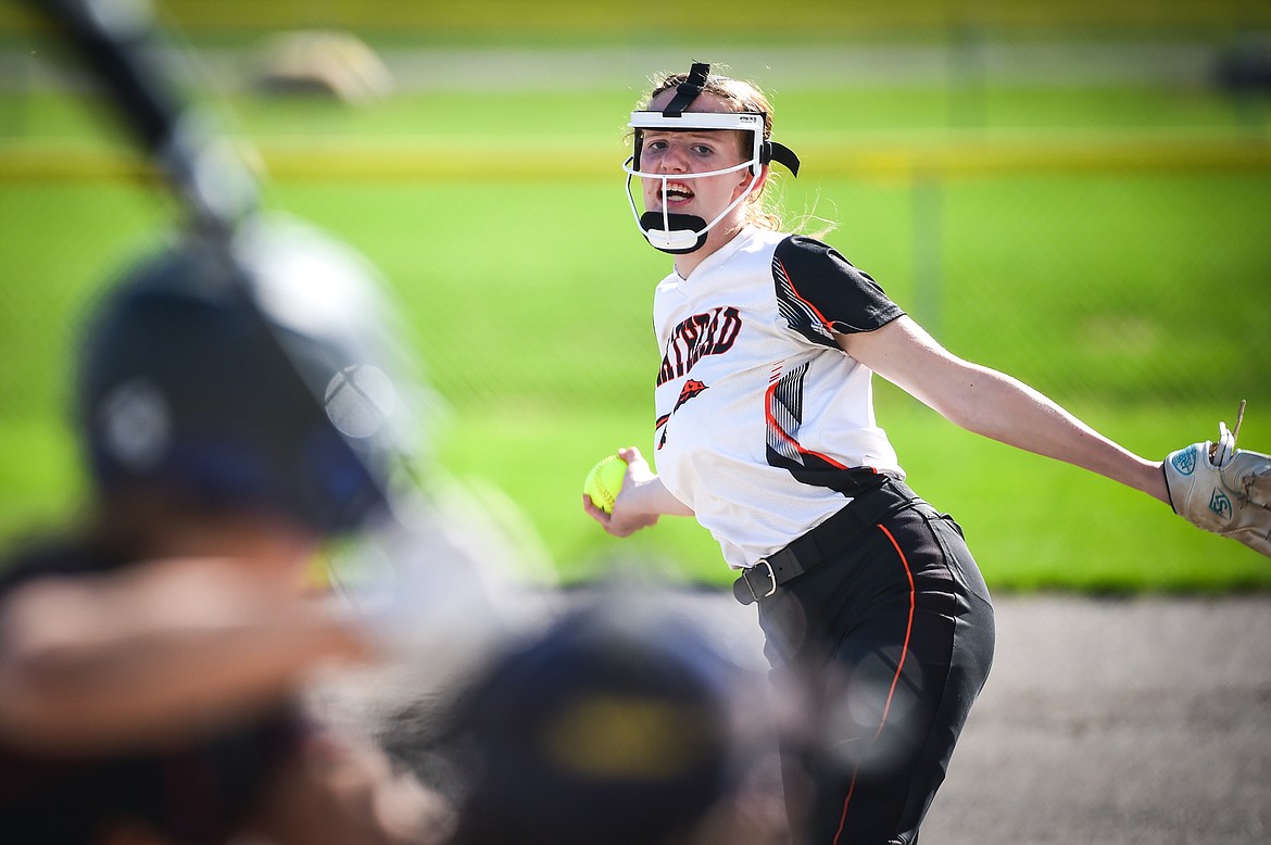 Flathead pitcher Lacie Franklin (21) delivers in the first inning against Missoula Hellgate at Kidsports on Thursday, May 11. (Casey Kreider/Daily Inter Lake)