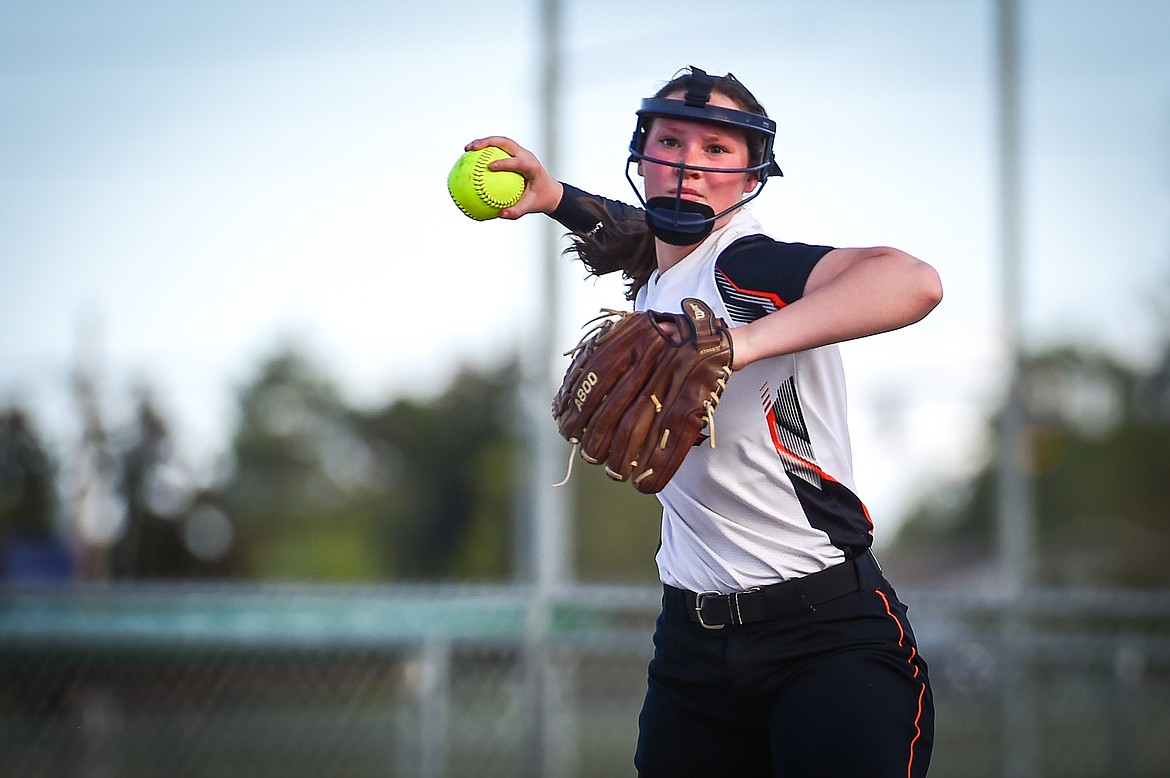 Flathead third baseman Ellie Eve (9) charges a grounder but holds on to the throw in the fifth inning against Missoula Hellgate at Kidsports on Thursday, May 11. (Casey Kreider/Daily Inter Lake)