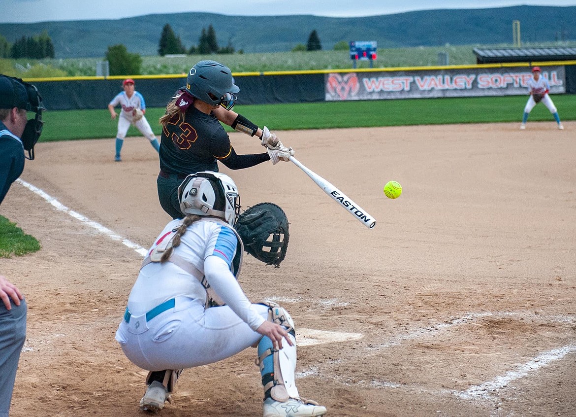 Moses Lake senior Katelyn Kriete swings at a pitch during the Mavs’ doubleheader against West Valley (Yakima) last week. Kriete and the Mavericks host Eastmont for a doubleheader on Friday to decide the winner of the Columbia Basin Big-Nine. First pitch is at 4 p.m.