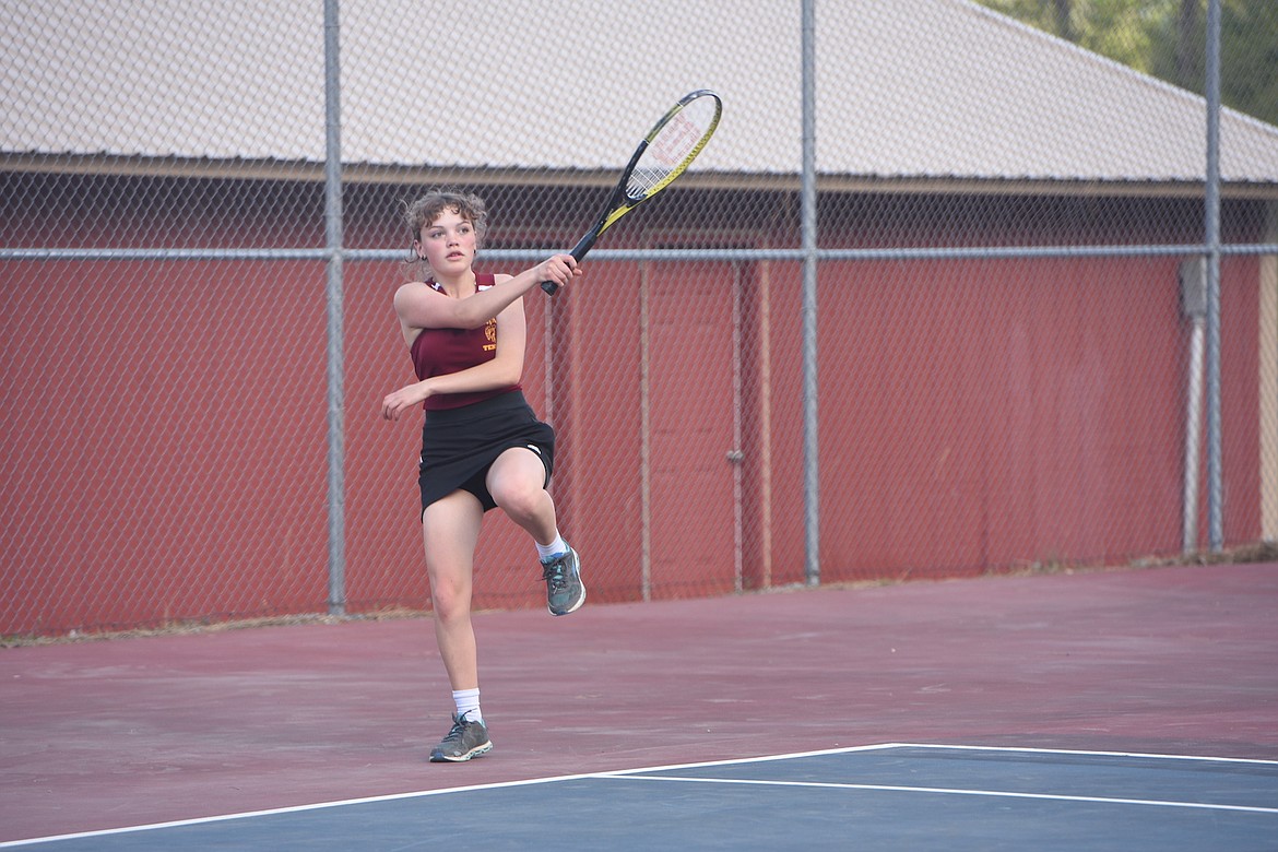 Troy's Bella O'Day returns a shot in a match against Superior on Thursday, May 11. (Scott Shindledecker/The Western News)