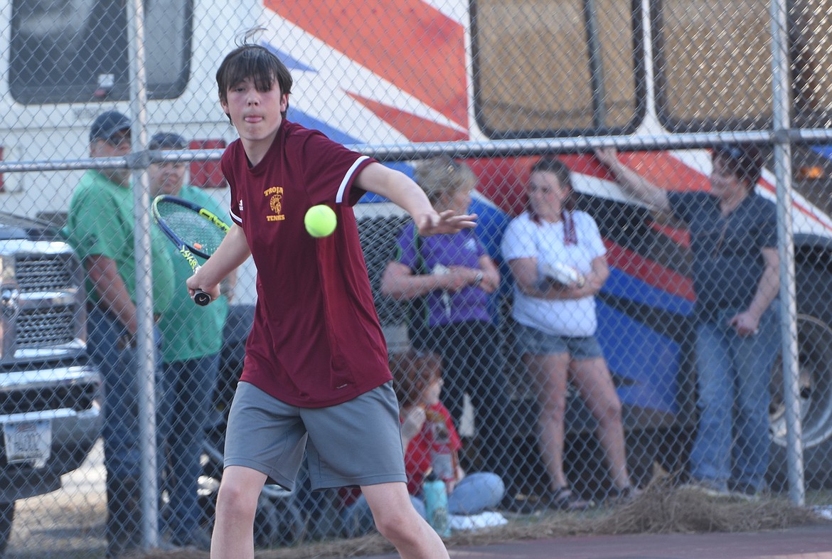 Troy's Dayton Johnston competes against Superior in a match on Thursday, May 11, at the Troy Activity Center. (Scott Shindledecker/The Western News)