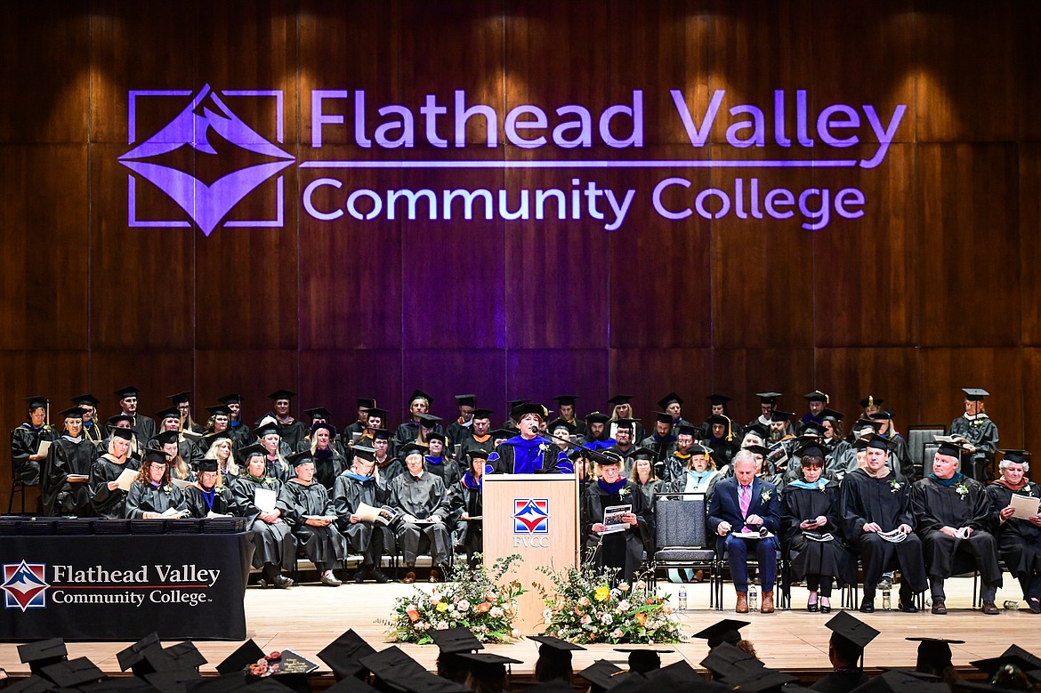 Flathead Valley Community College President Dr. Jane Karas speaks during the Class of 2023 commencement ceremony inside McClaren Hall at the Wachholz College Center on Friday, May 12. A total of 268 graduates were honored receiving 288 degrees and certificates. (Casey Kreider/Daily Inter Lake)
