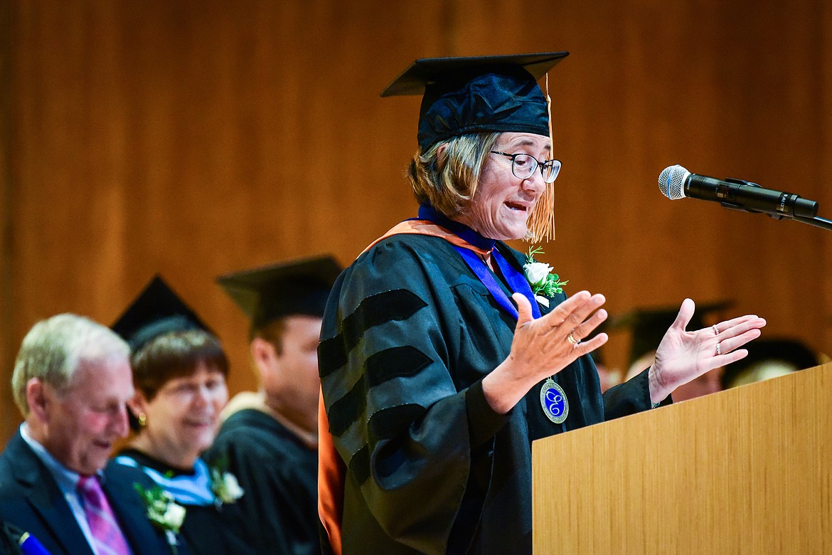 Dr. Christina Relyea, of the Science and Engineering Division, speaks at Flathead Valley Community College's Class of 2023 commencement ceremony inside McClaren Hall at the Wachholz College Center on Friday, May 12. A total of 268 graduates were honored receiving 288 degrees and certificates. (Casey Kreider/Daily Inter Lake)