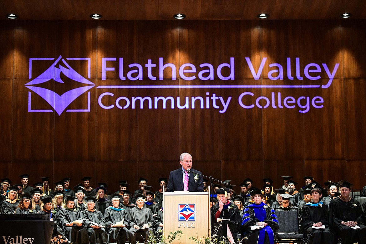 Former Governor of Montana Marc Racicot gives the commencement speech at Flathead Valley Community College's Class of 2023 commencement ceremony inside McClaren Hall at the Wachholz College Center on Friday, May 12. A total of 268 graduates were honored receiving 288 degrees and certificates. (Casey Kreider/Daily Inter Lake)