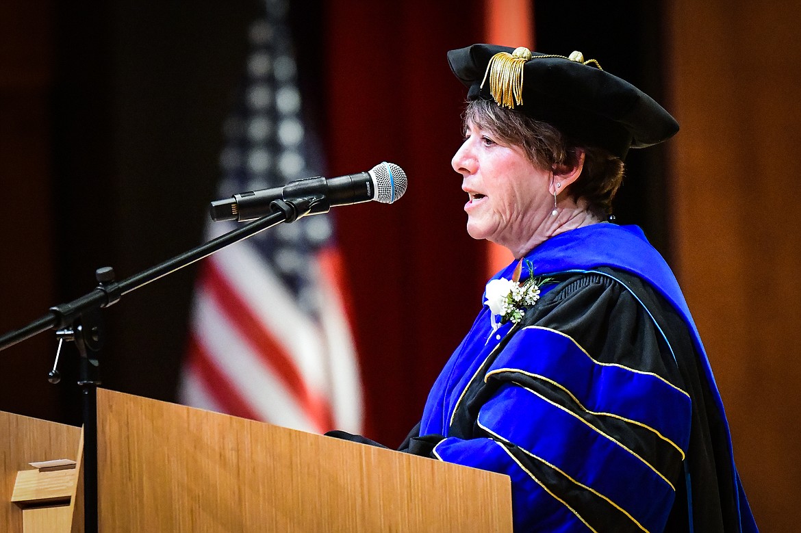 Flathead Valley Community College President Dr. Jane Karas speaks during the Class of 2023 commencement ceremony inside McClaren Hall at the Wachholz College Center on Friday, May 12. A total of 268 graduates were honored receiving 288 degrees and certificates. (Casey Kreider/Daily Inter Lake)